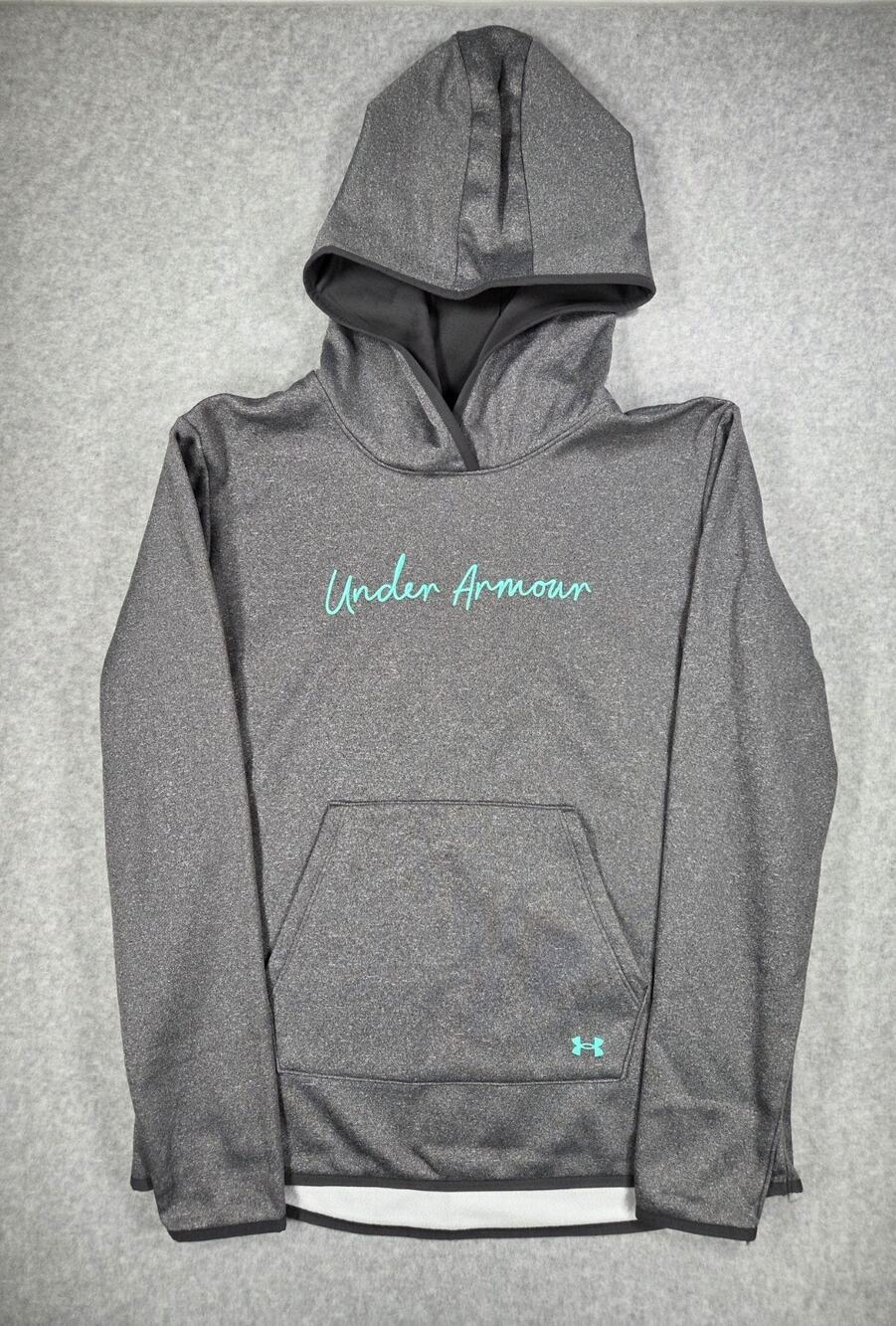 Under Armour Women's M Medium Rival Fleece Hoodie Gray Teal Script cozy Pullover